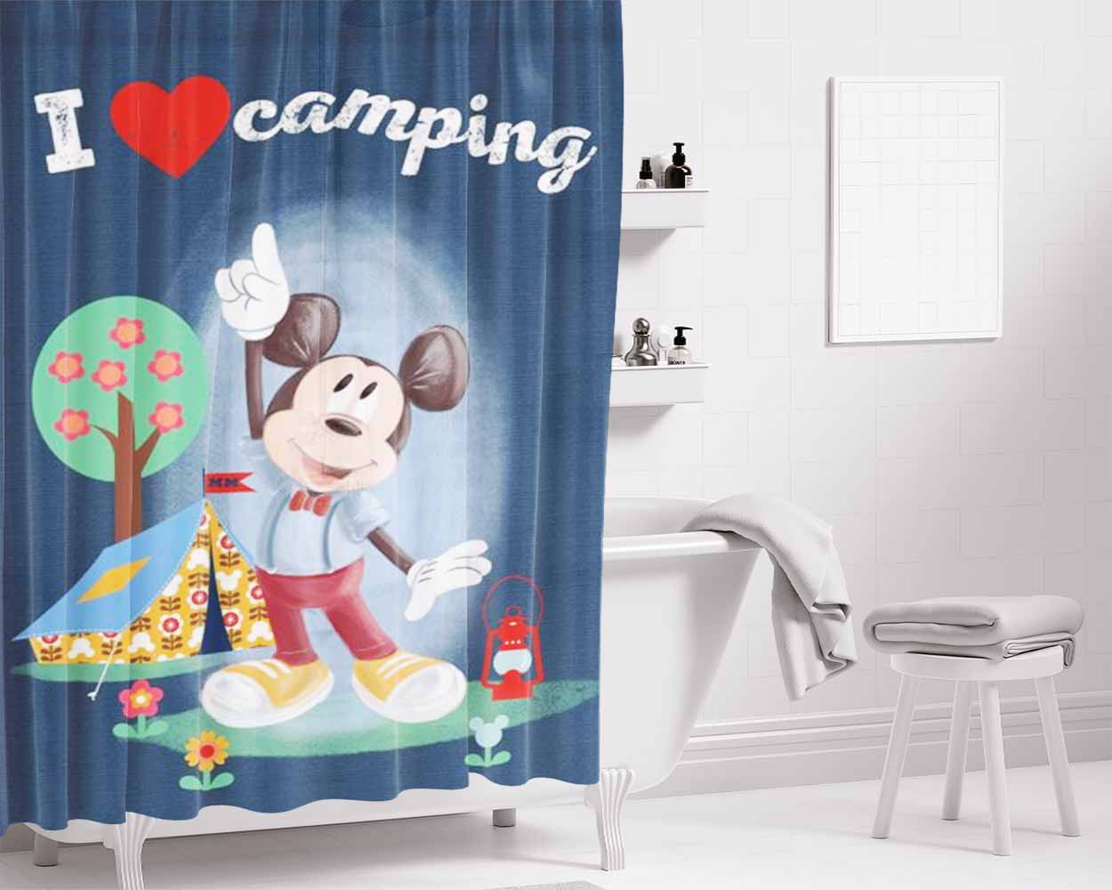 Mickey I Love Camping Bathroom Shower Curtain Fabric Waterproof | 66 X 72 Inch