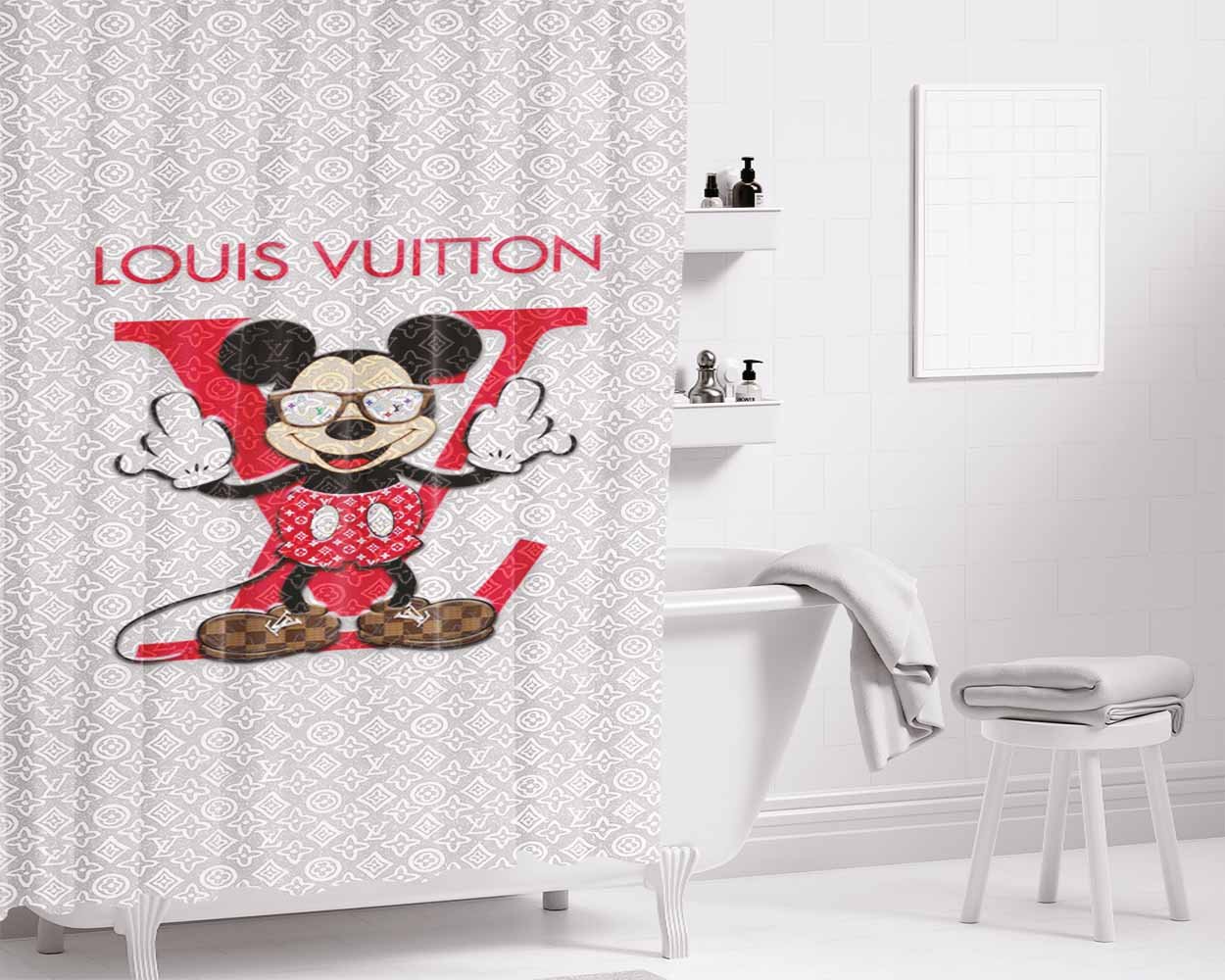 Mickey Louis Vuitton Bathroom Shower Curtain Fabric Waterproof | 66 X 72 Inch