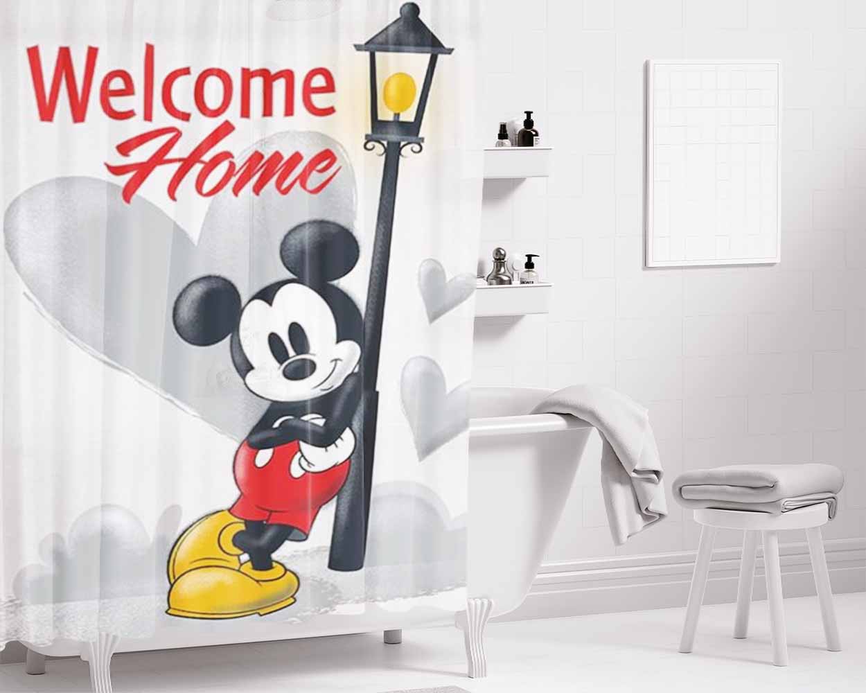 Mickey Love Welcome Home Lamppost Bathroom Shower Curtain Fabric Waterproof | 66 X 72 Inch