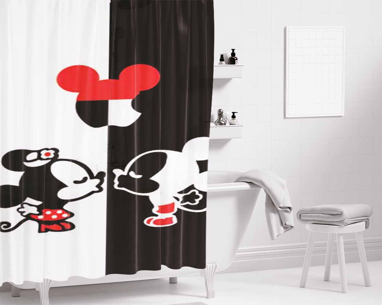 Mickey Minnie Apple Ears Bathroom Shower Curtain Fabric Waterproof | 66 X 72 Inch