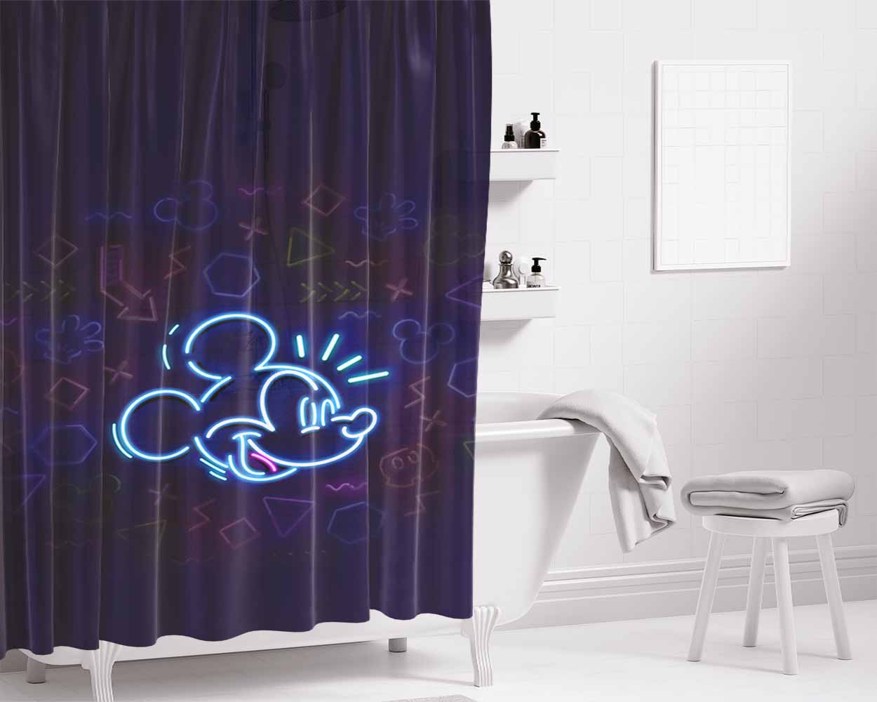 Mickey Mouse And Friends Neon Wallpaper Bathroom Shower Curtain Fabric Waterproof | 66 X 72 Inch