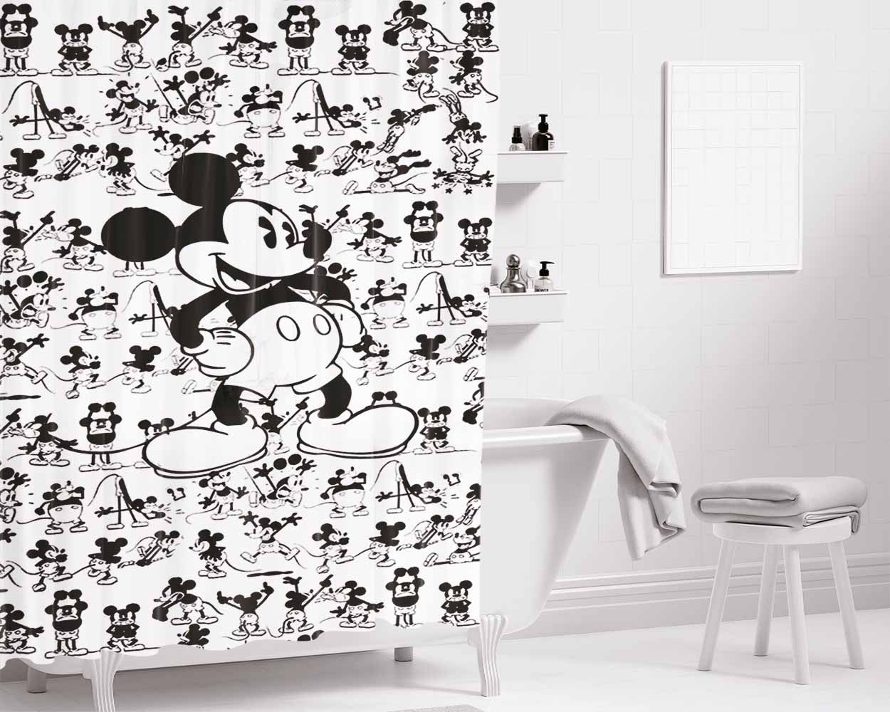 Mickey Mouse Black White Cartoon Collage Bathroom Shower Curtain Fabric Waterproof | 66 X 72 Inch