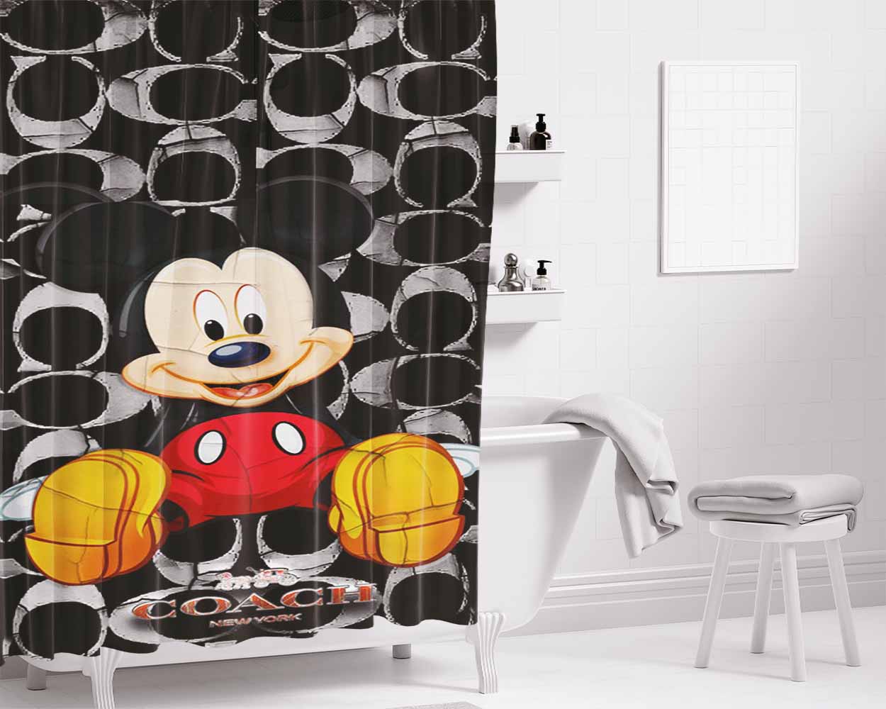 Mickey Mouse Coach Black 5 Bathroom Shower Curtain Fabric Waterproof | 66 X 72 Inch