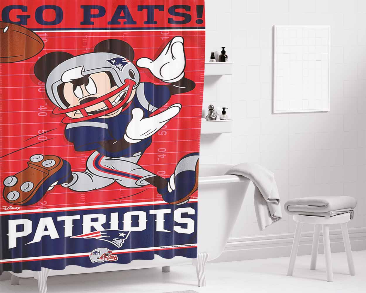 New England Patriots Disney Mickey Mouse Nfl Bathroom Shower Curtain Fabric Waterproof | 66 X 72 Inch