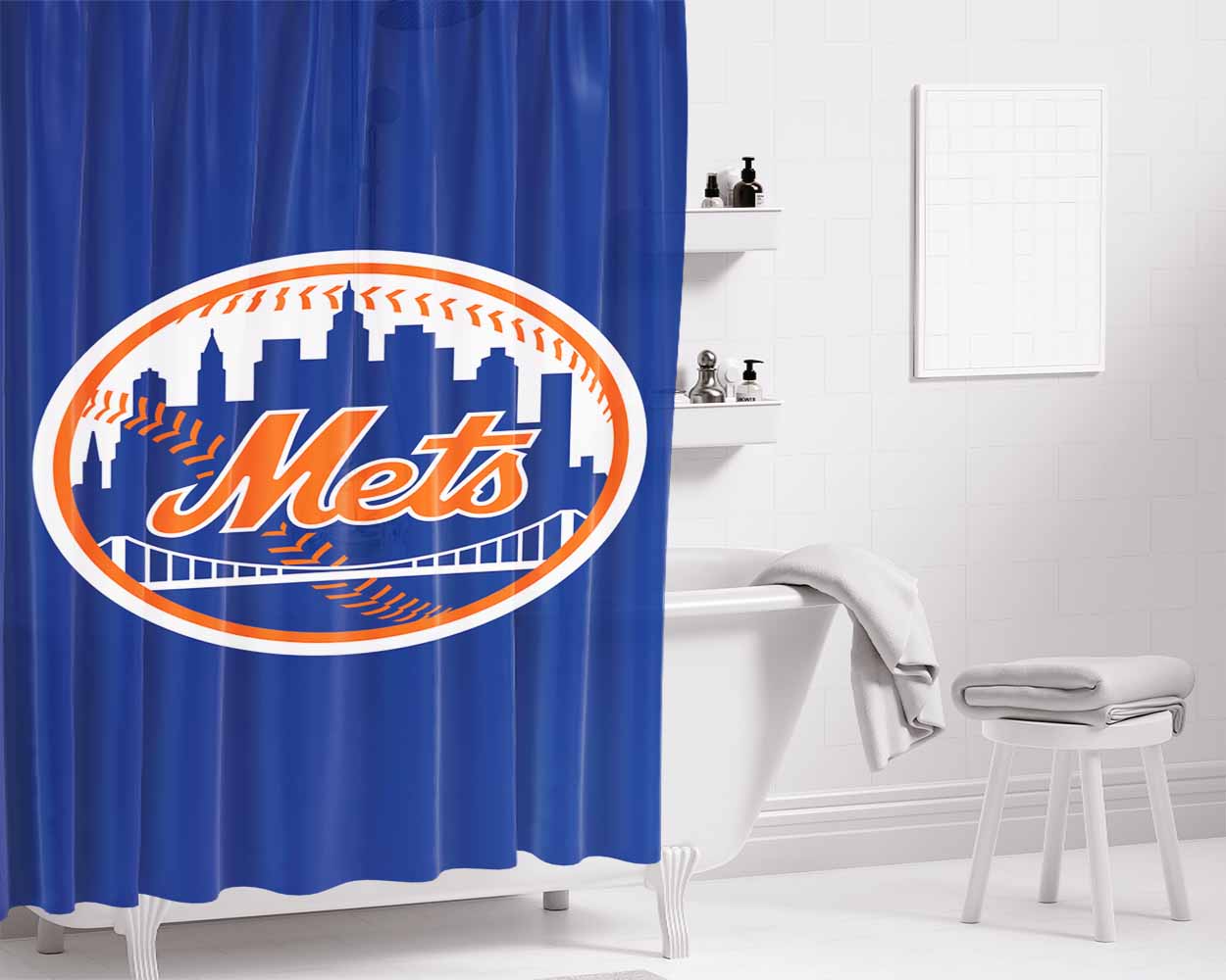New York Mets Logo Bathroom Shower Curtain Fabric Waterproof | 66 X 72 Inch