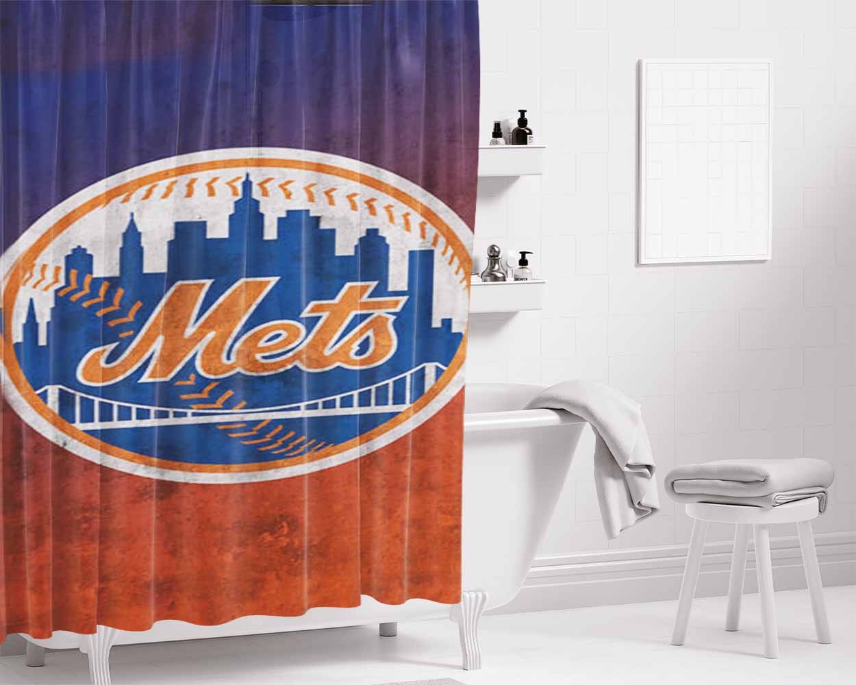 New York Mets Texture Bathroom Shower Curtain Fabric Waterproof | 66 X 72 Inch