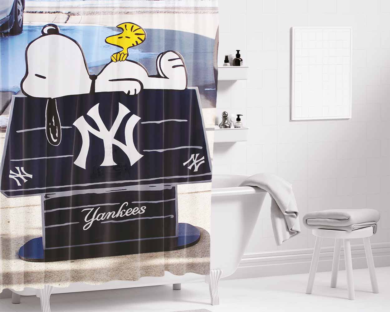 New York Yankees Logos And Uniforms Snoopy Bathroom Shower Curtain Fabric Waterproof | 66 X 72 Inch