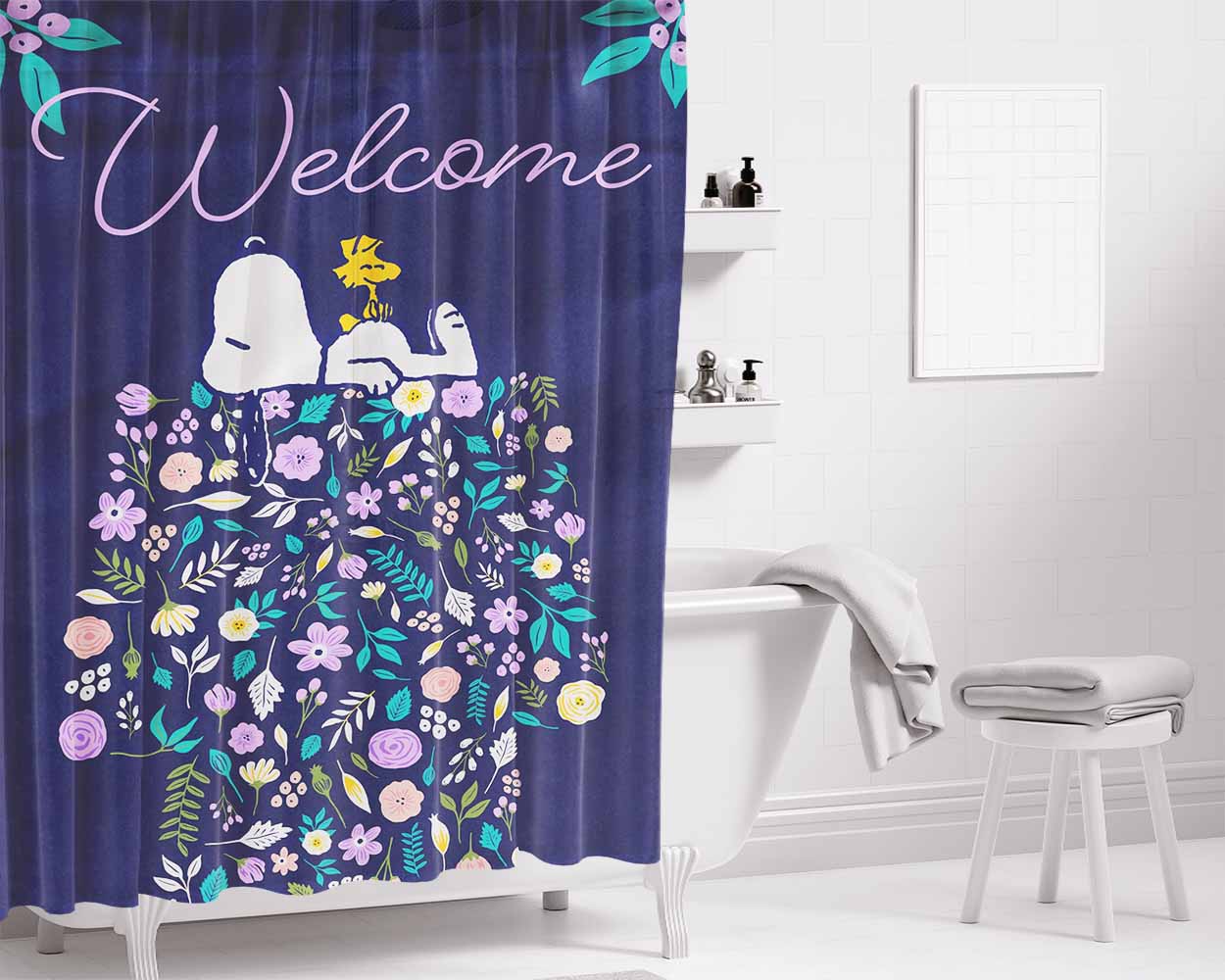Peanuts Doghouse Of Flowers Snoopy & Woodstock Bathroom Shower Curtain Fabric Waterproof | 66 X 72 Inch