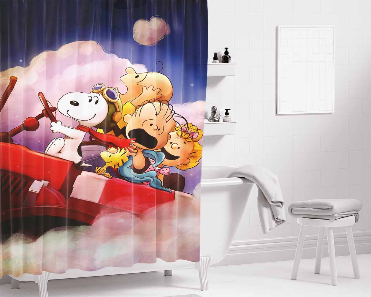 Peanuts Gang Watercolor And Friends Bathroom Shower Curtain Fabric Waterproof | 66 X 72 Inch