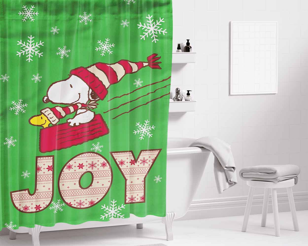 Peanuts Joy Snoopy And Woodstock Christmas Bathroom Shower Curtain Fabric Waterproof | 66 X 72 Inch