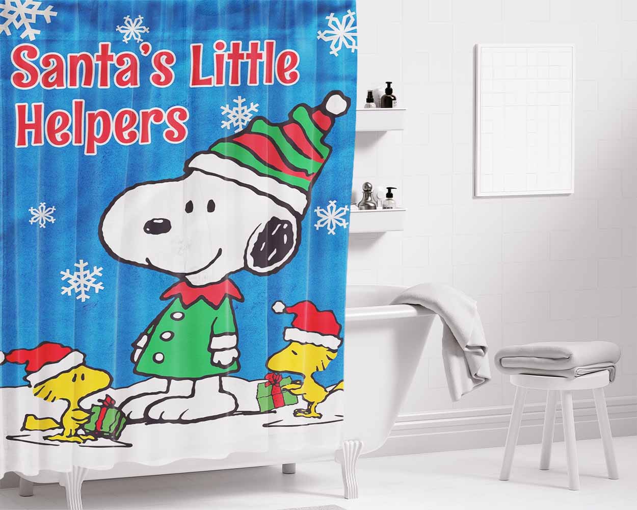 Peanuts Santa'S Little Helpers Snoopy And Woodstock Christmas Bathroom Shower Curtain Fabric Waterproof | 66 X 72 Inch
