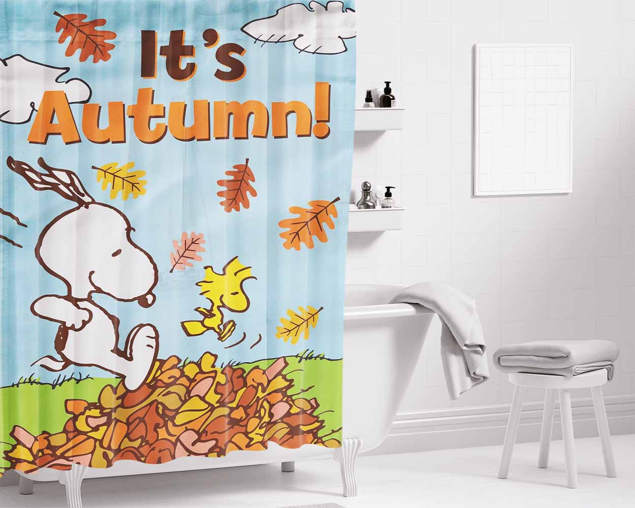 Peanuts Snoopy Fall Flag Snoopy And Woodstock Autumn Bathroom Shower Curtain Fabric Waterproof | 66 X 72 Inch