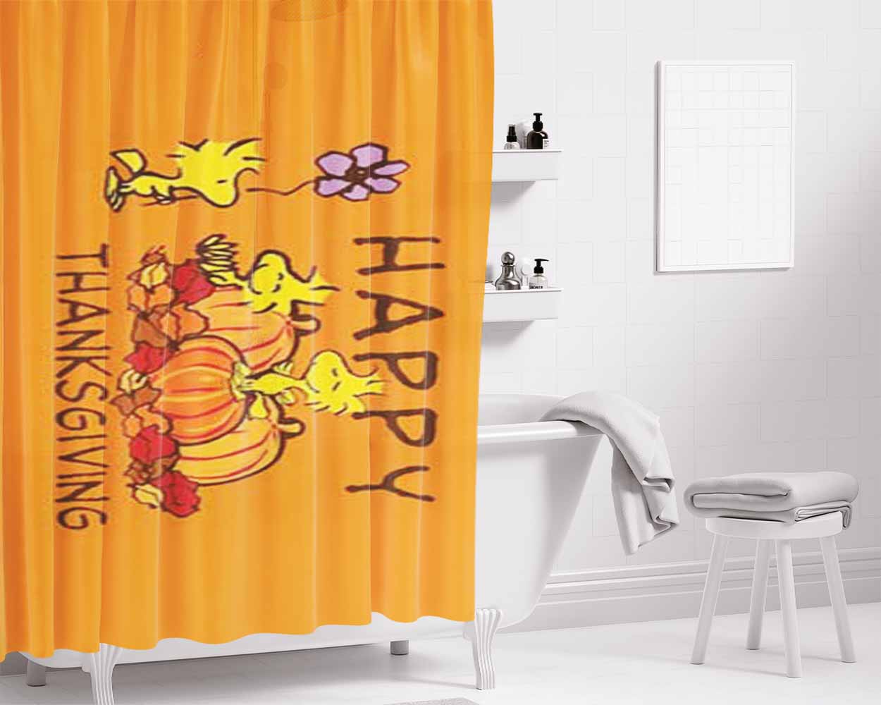 Peanuts Thanksgiving Woodstock Bathroom Shower Curtain Fabric Waterproof | 66 X 72 Inch