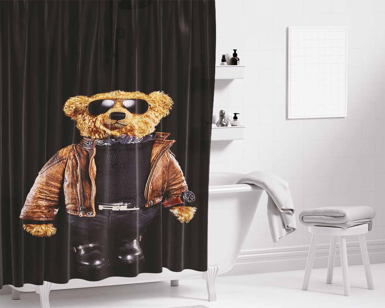 Polo Bear Black Bathroom Shower Curtain Fabric Waterproof | 66 X 72 Inch