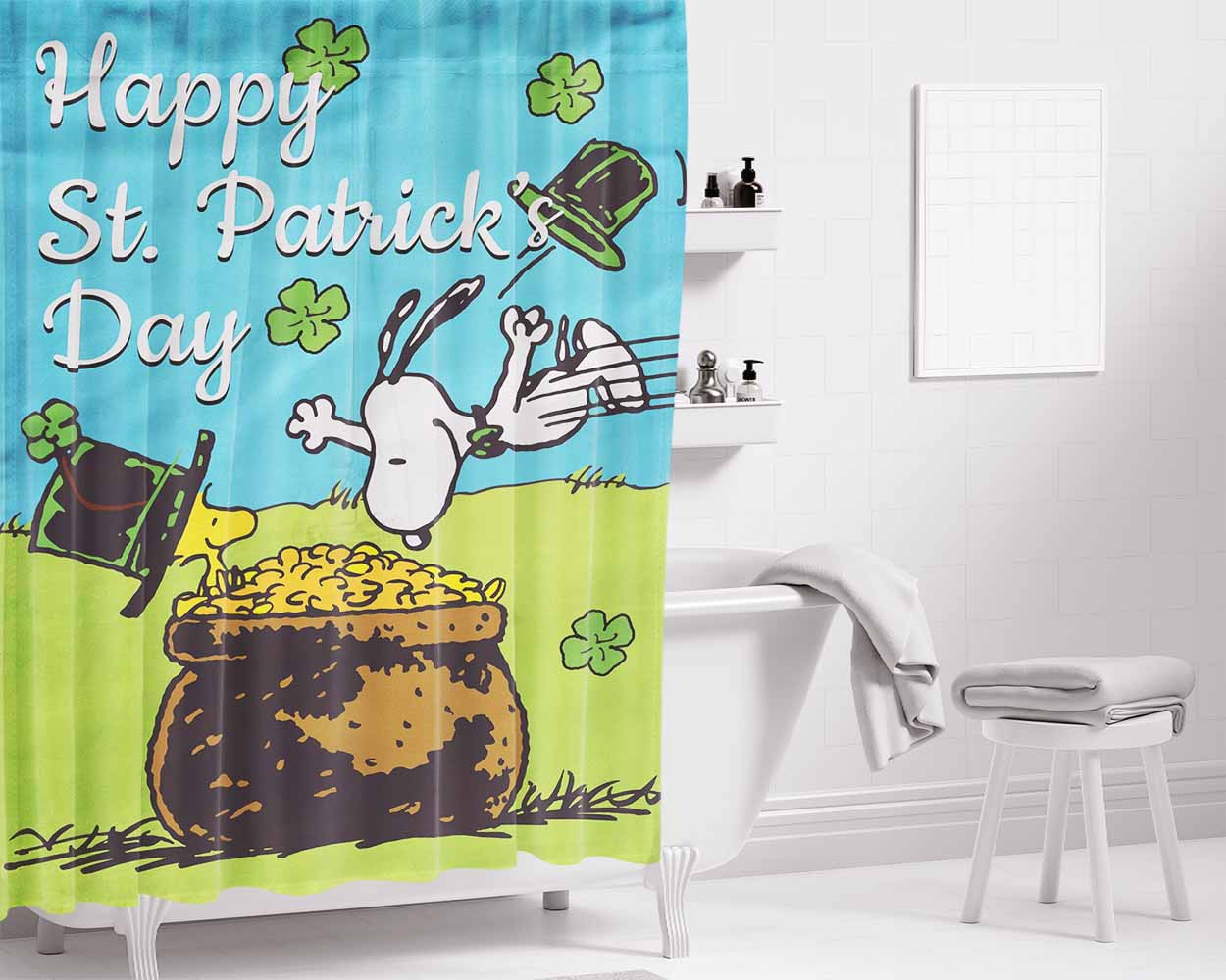 Snoopy And Woodstock St Patricks Day Pot Of Gold Bathroom Shower Curtain Fabric Waterproof | 66 X 72 Inch