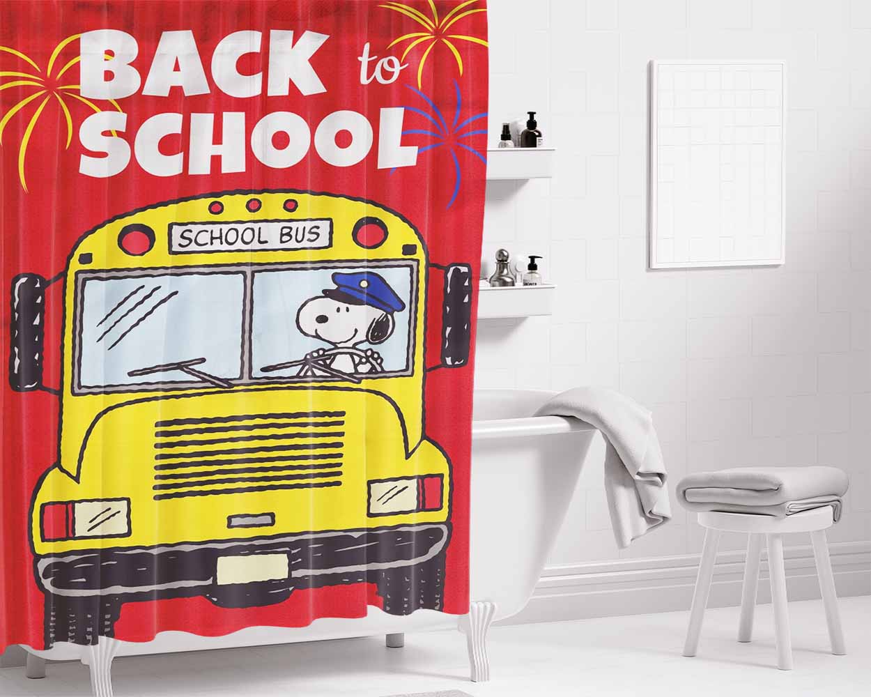 Snoopy Back To School 2 Bathroom Shower Curtain Fabric Waterproof | 66 X 72 Inch