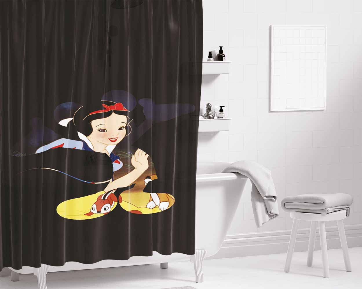 Snow White X Mickey Silhouette Bathroom Shower Curtain Fabric Waterproof | 66 X 72 Inch