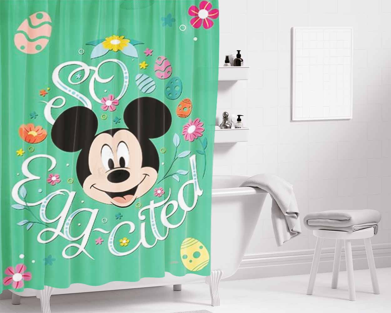 So Egg-Cited Easter Mickey Mouse Bathroom Shower Curtain Fabric Waterproof | 66 X 72 Inch