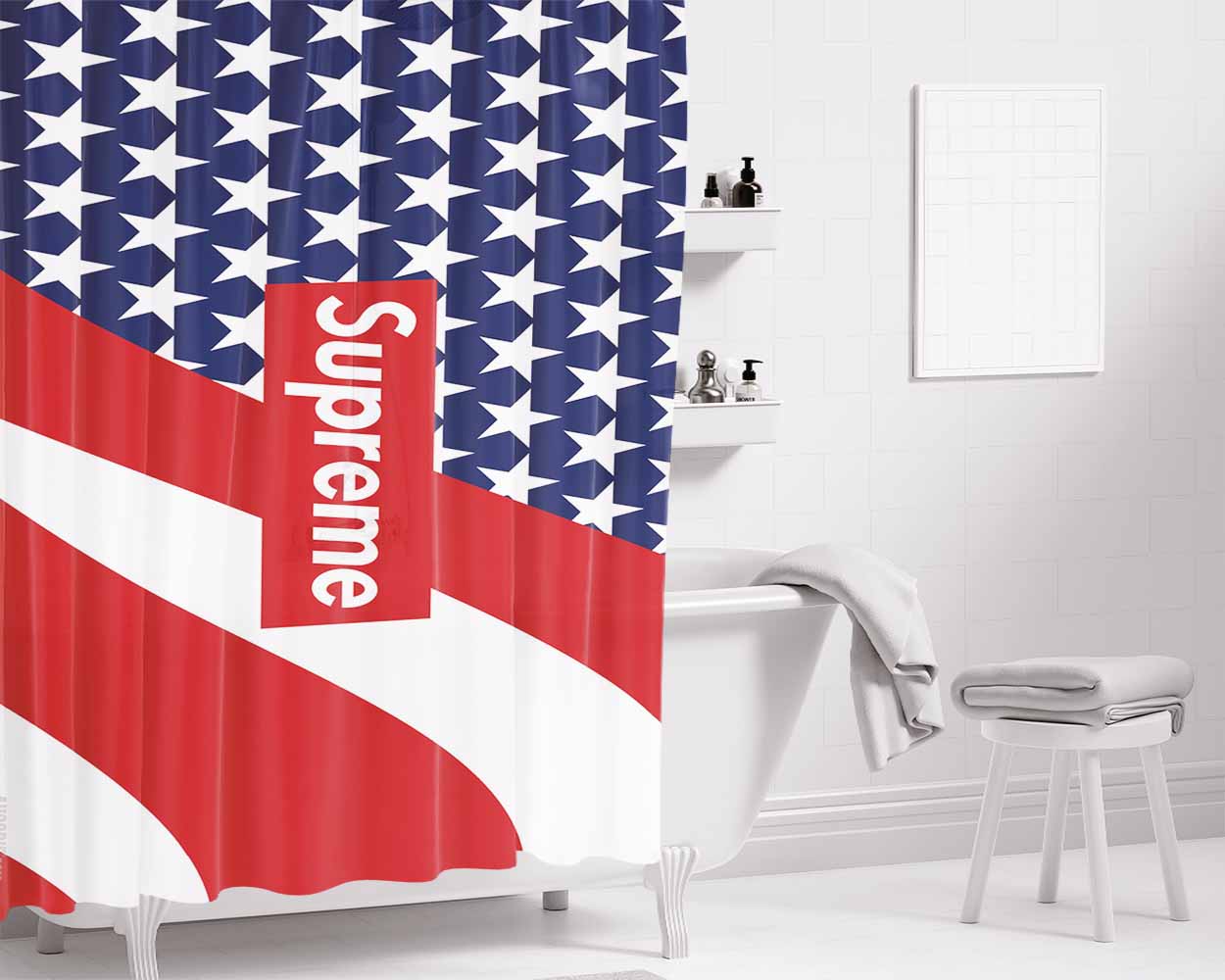 Supreme American Flag Logo Bathroom Shower Curtain Fabric Waterproof | 66 X 72 Inch
