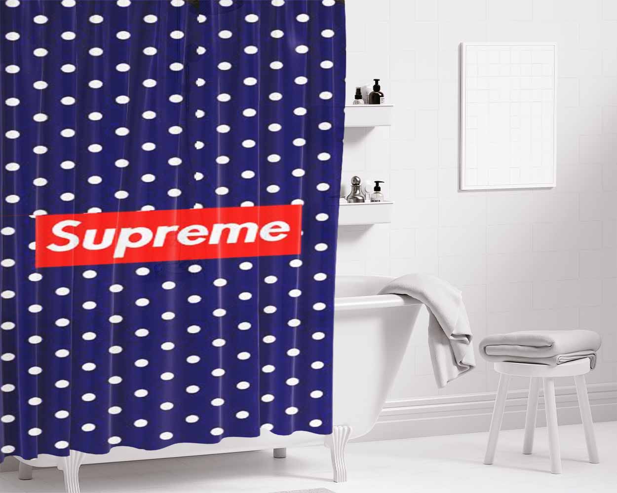 Supreme Blue White Dot Bathroom Shower Curtain Fabric Waterproof | 66 X 72 Inch