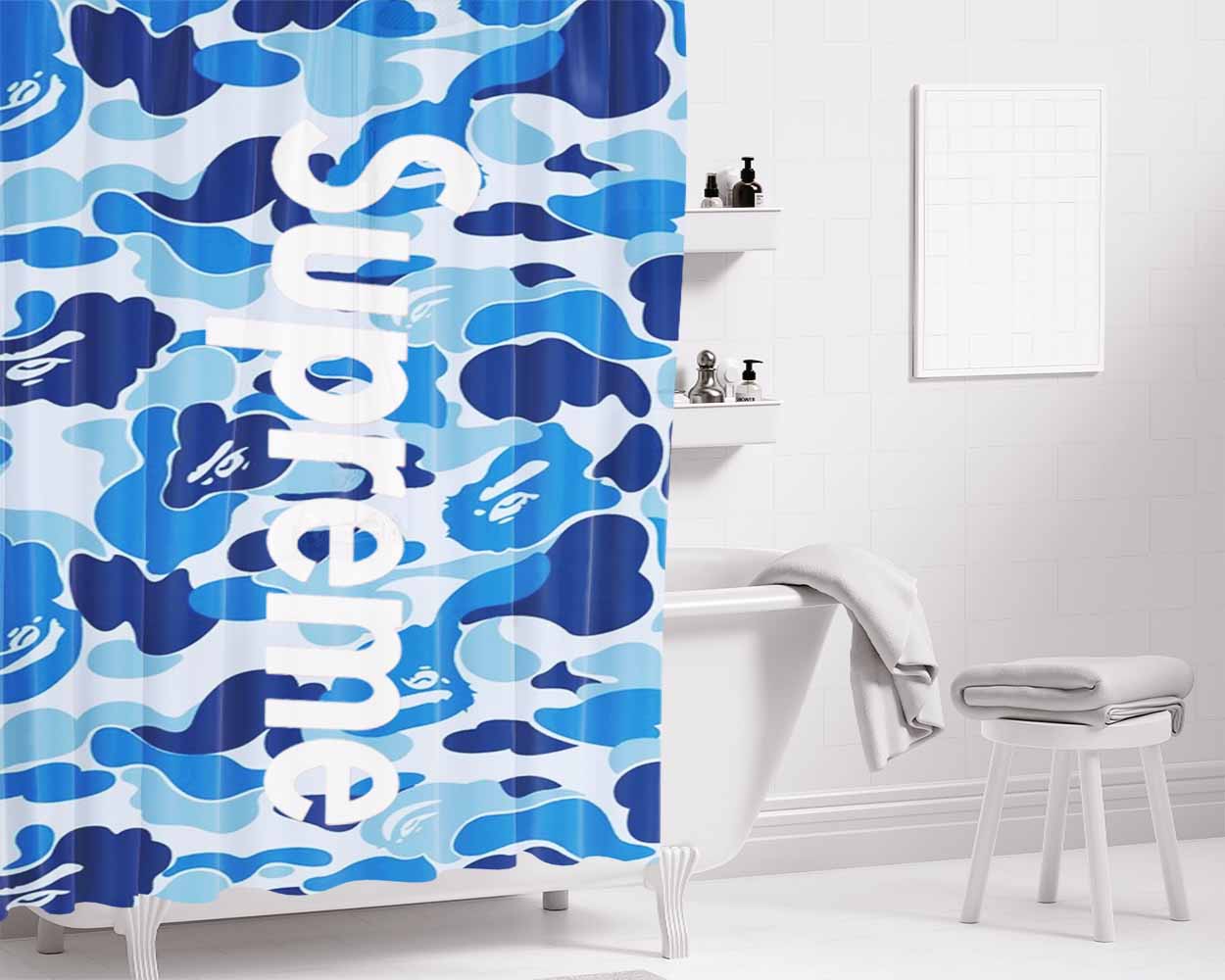 Supreme Blue Bathroom Shower Curtain Fabric Waterproof | 66 X 72 Inch