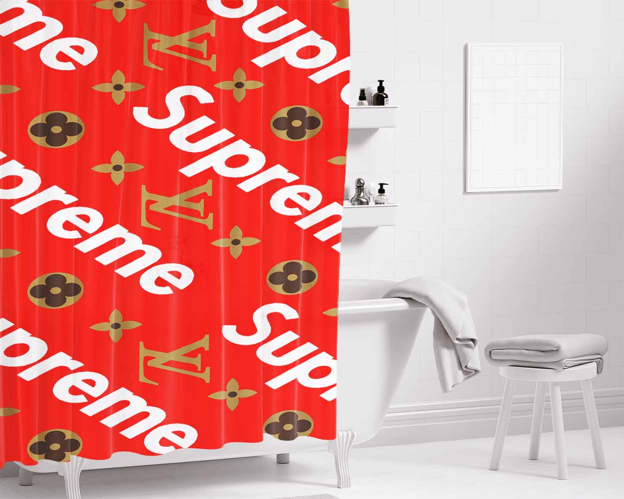 Supreme Doodle X Lv Red Bathroom Shower Curtain Fabric Waterproof | 66 X 72 Inch