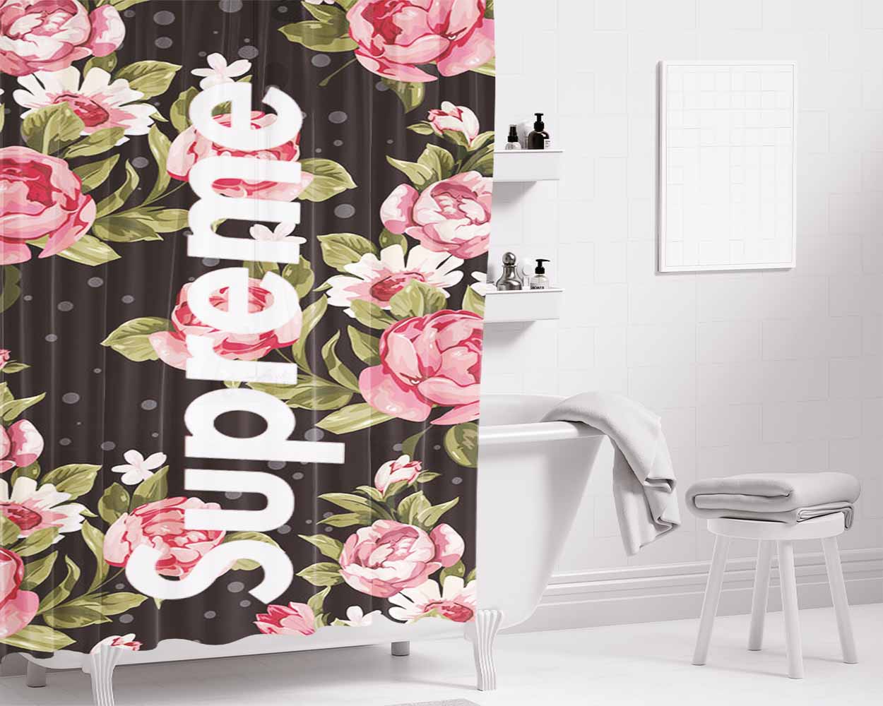 Supreme Flower Black Bathroom Shower Curtain Fabric Waterproof | 66 X 72 Inch