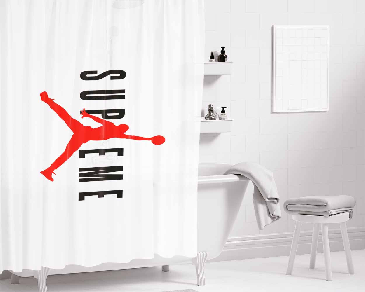 Supreme Jordan White Bathroom Shower Curtain Fabric Waterproof | 66 X 72 Inch