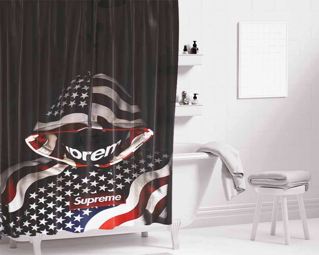 Supreme Us Flag Hoodie Bathroom Shower Curtain Fabric Waterproof | 66 X 72 Inch