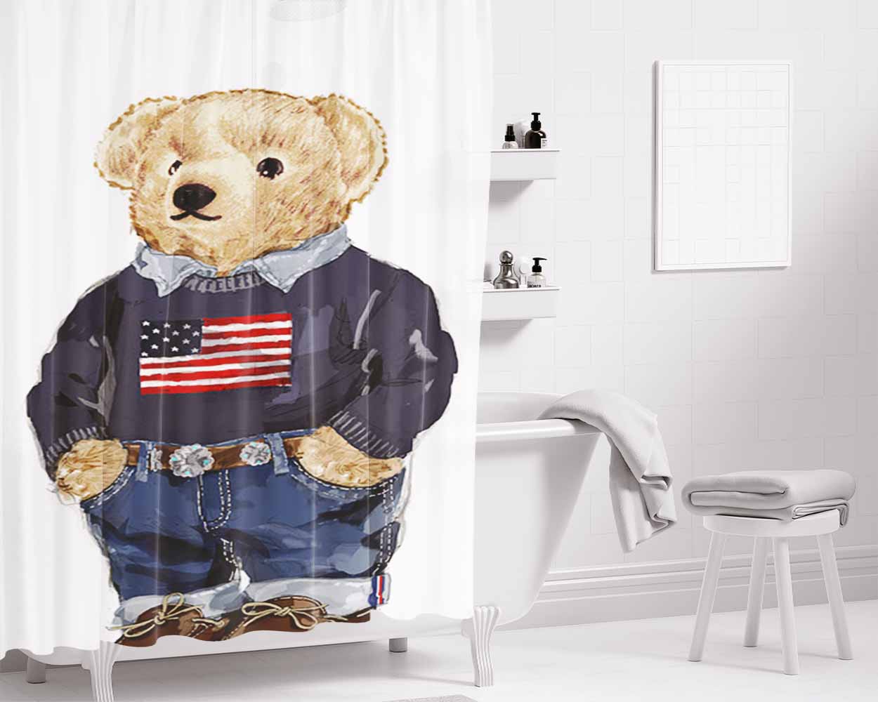 Usa Bear Polo Ralph Lauren Bathroom Shower Curtain Fabric Waterproof | 66 X 72 Inch