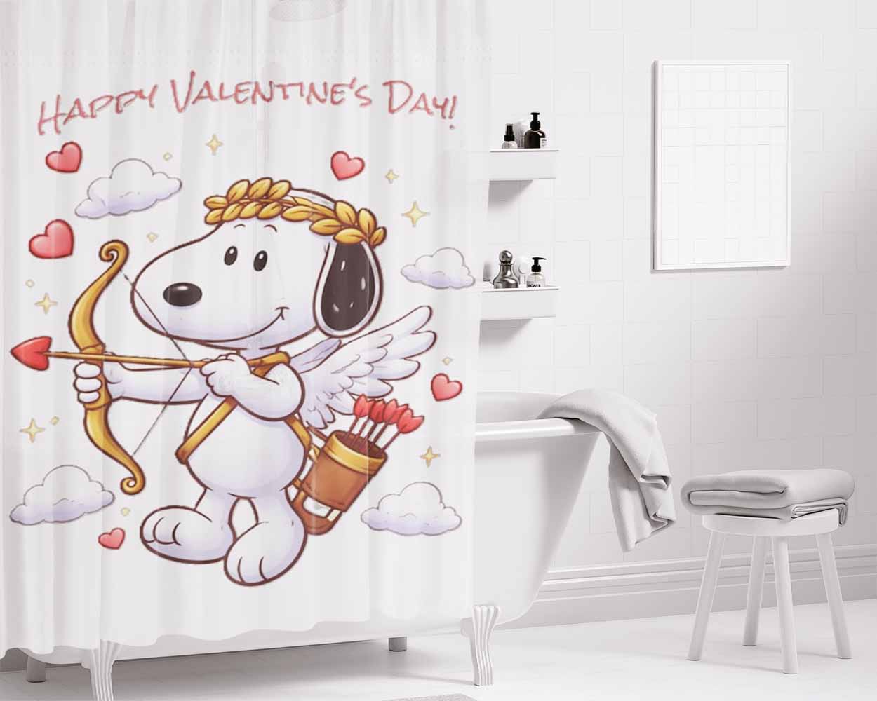 Valentine Cupid Snoopy Bathroom Shower Curtain Fabric Waterproof | 66 X 72 Inch
