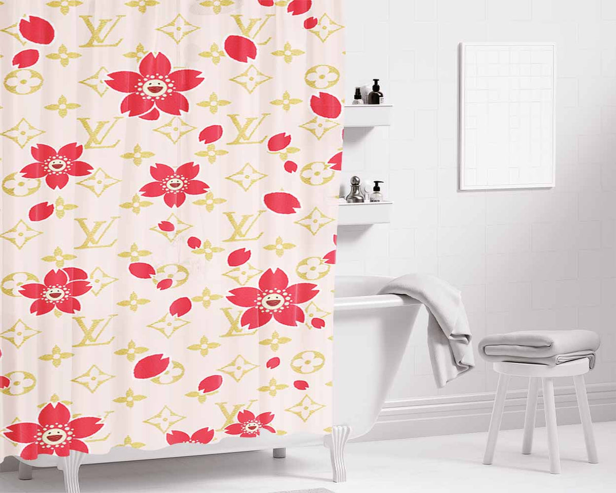 Louis Vuitton Cream Red Bathroom Shower Curtain Fabric Waterproof | 66 X 72 Inch