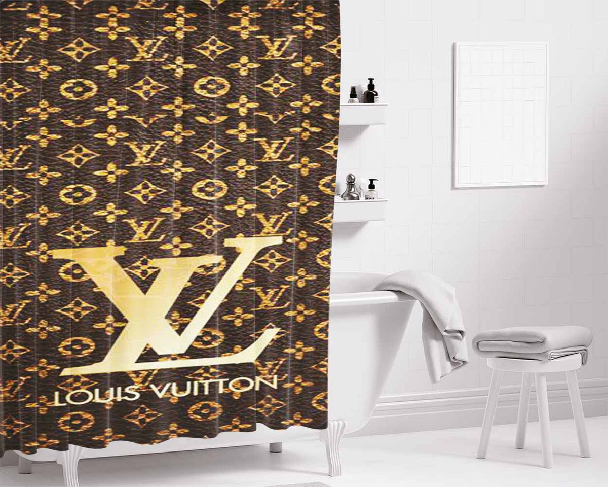 Louis Vuitton Logo Gold Bathroom Shower Curtain Fabric Waterproof | 66 X 72 Inch