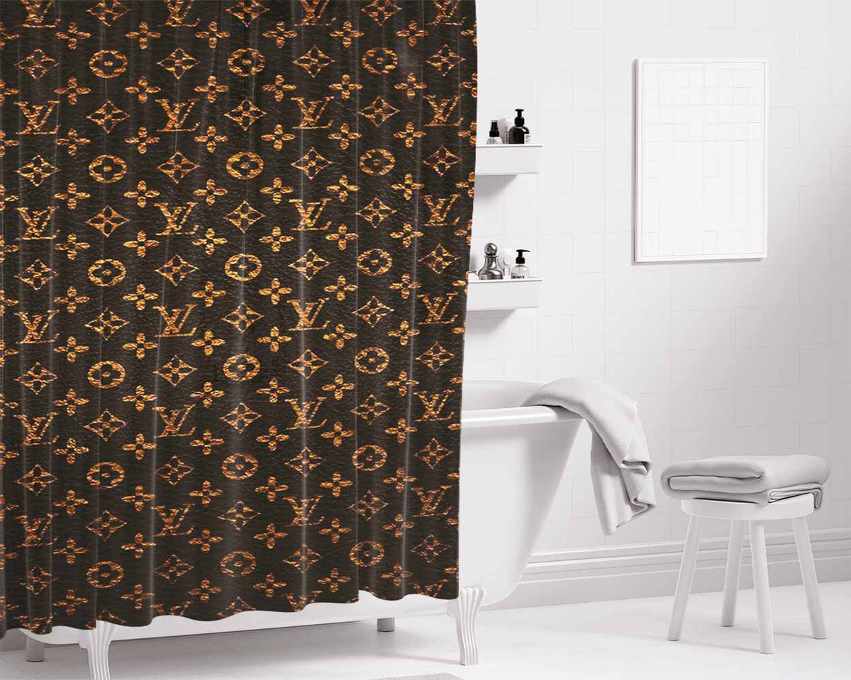 Louis Vuitton Pattern Brown Gold Bathroom Shower Curtain Fabric Waterproof | 66 X 72 Inch