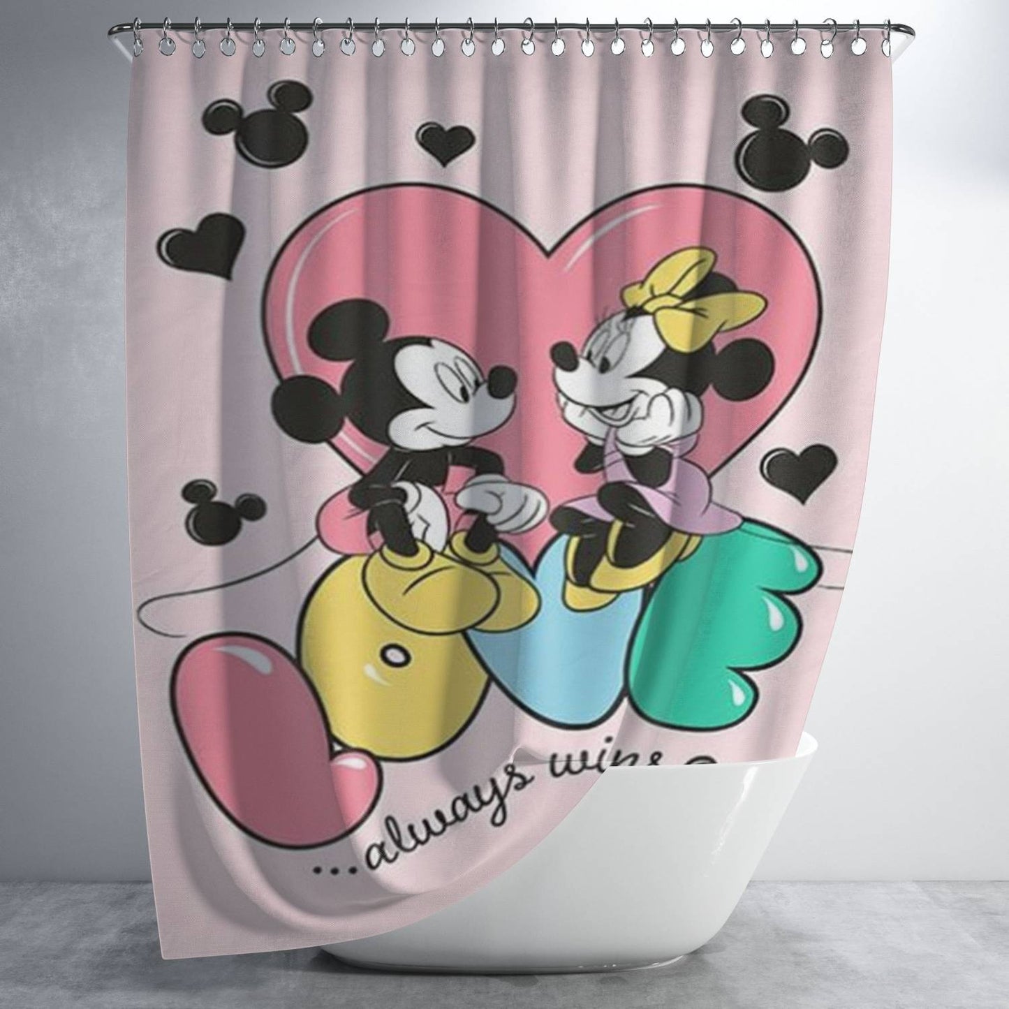 Love Always Wins Mickey & Minnie Bathroom Shower Curtain Fabric Waterproof | 66 X 72 Inch
