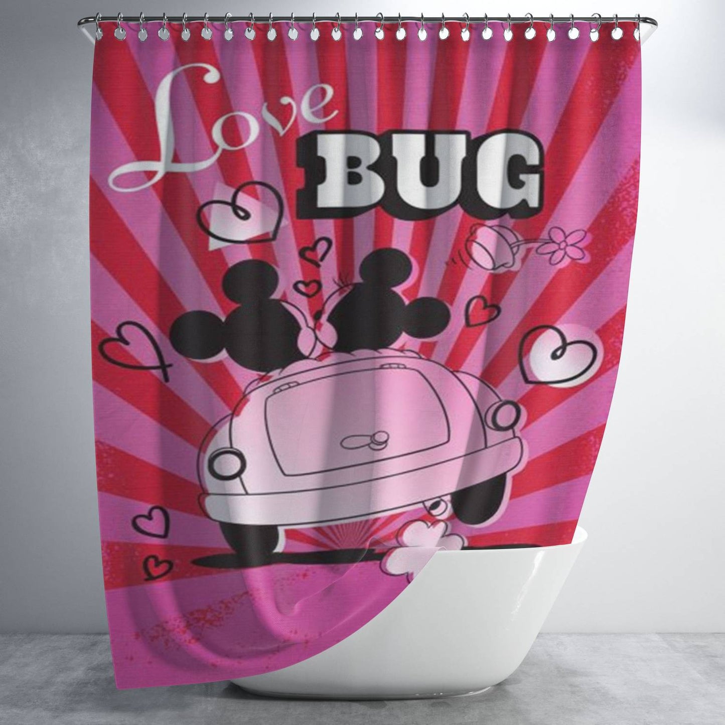 Love Bug Mickey & Minnie Bathroom Shower Curtain Fabric Waterproof | 66 X 72 Inch