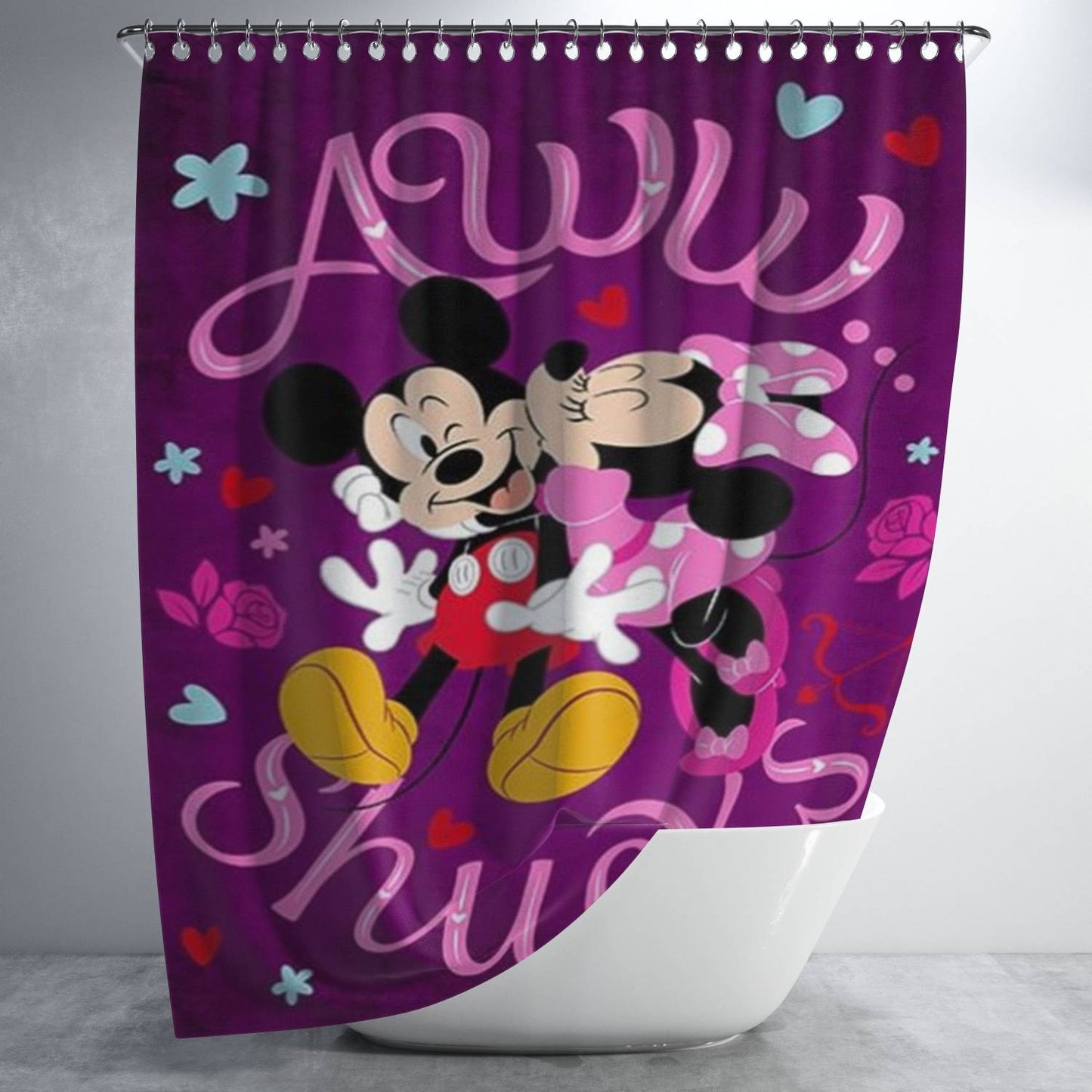 Valentine Kisses Mickey And Minnie Bathroom Shower Curtain Fabric Waterproof | 66 X 72 Inch