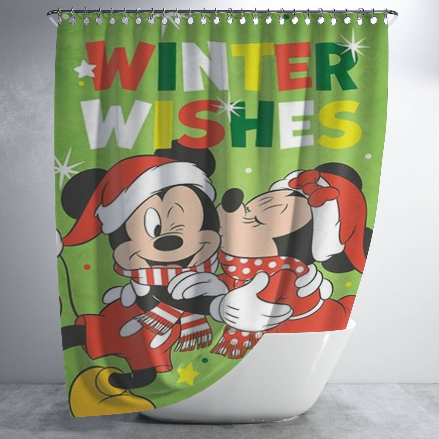Winter Wishes Mickey And Minnie Bathroom Shower Curtain Fabric Waterproof | 66 X 72 Inch