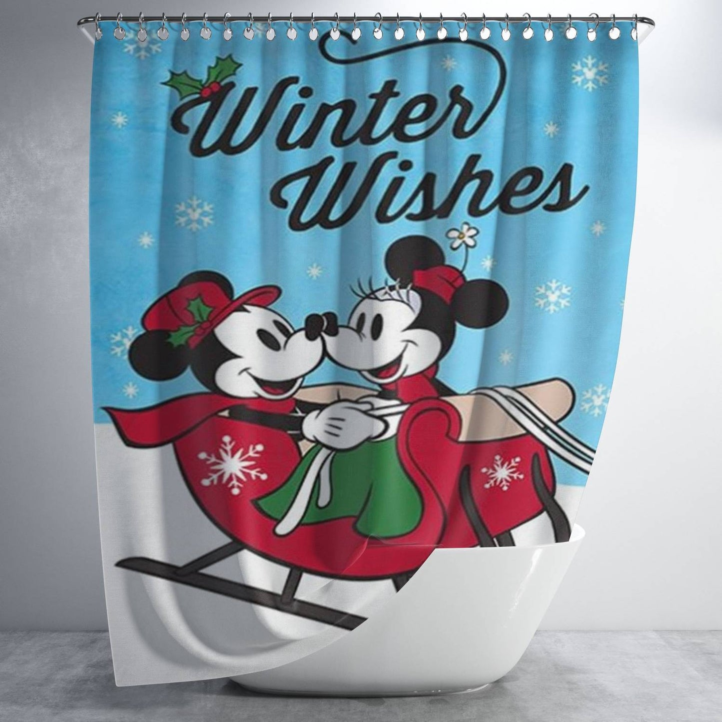 Winter Wishes Sleigh Mickey And Minnie Bathroom Shower Curtain Fabric Waterproof | 66 X 72 Inch