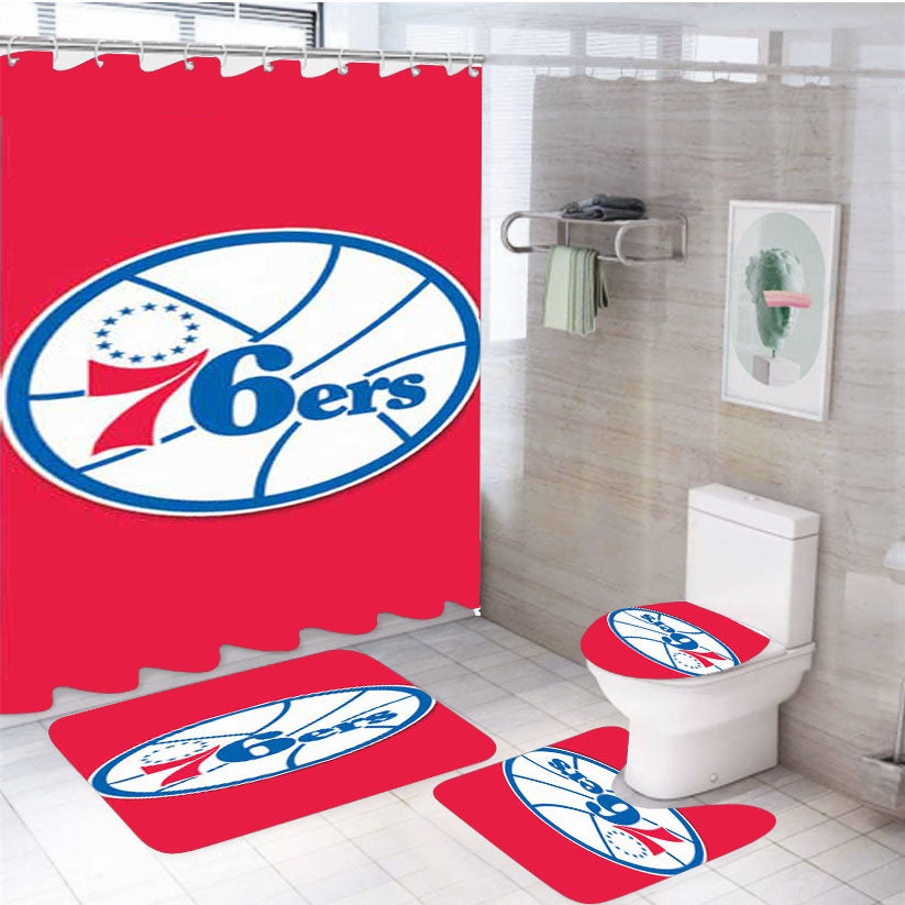 76Ers Logo On Red 4Pcs Bathroom Set Shower Curtain