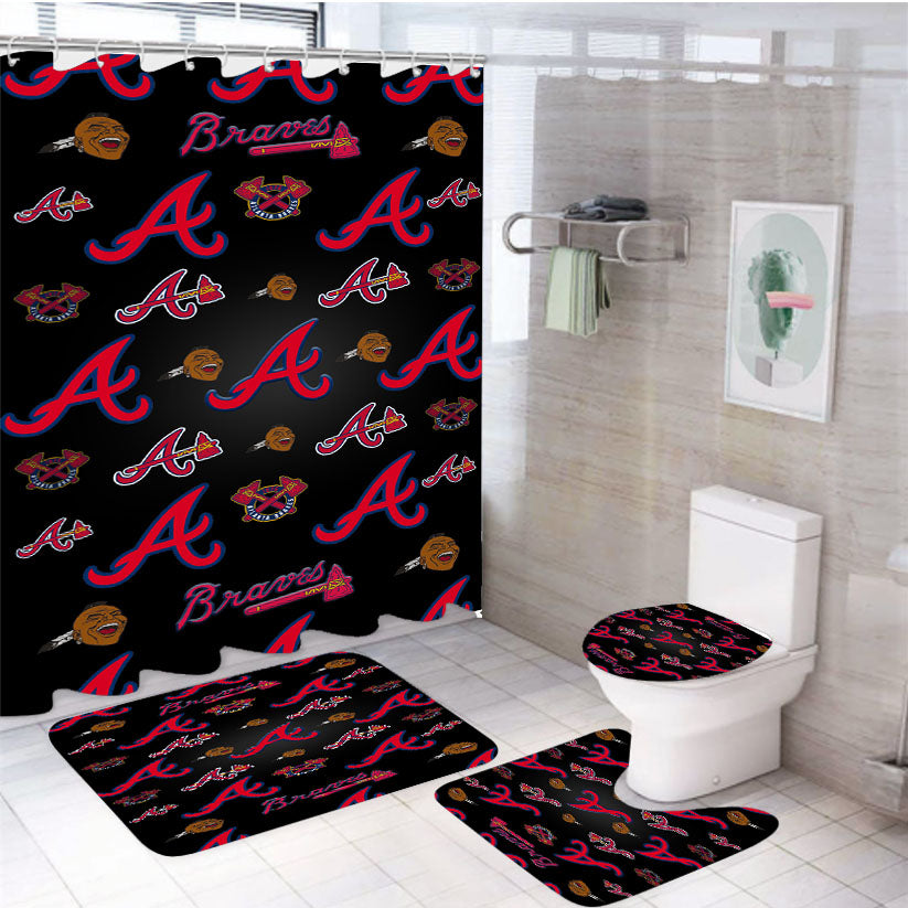 Atlanta Braves Logo Pattern Black 4Pcs Bathroom Set Shower Curtain