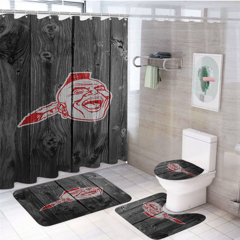 Atlanta Braves Primary Logo Dark Wood Wallpaper 4Pcs Bathroom Set Shower Curtain