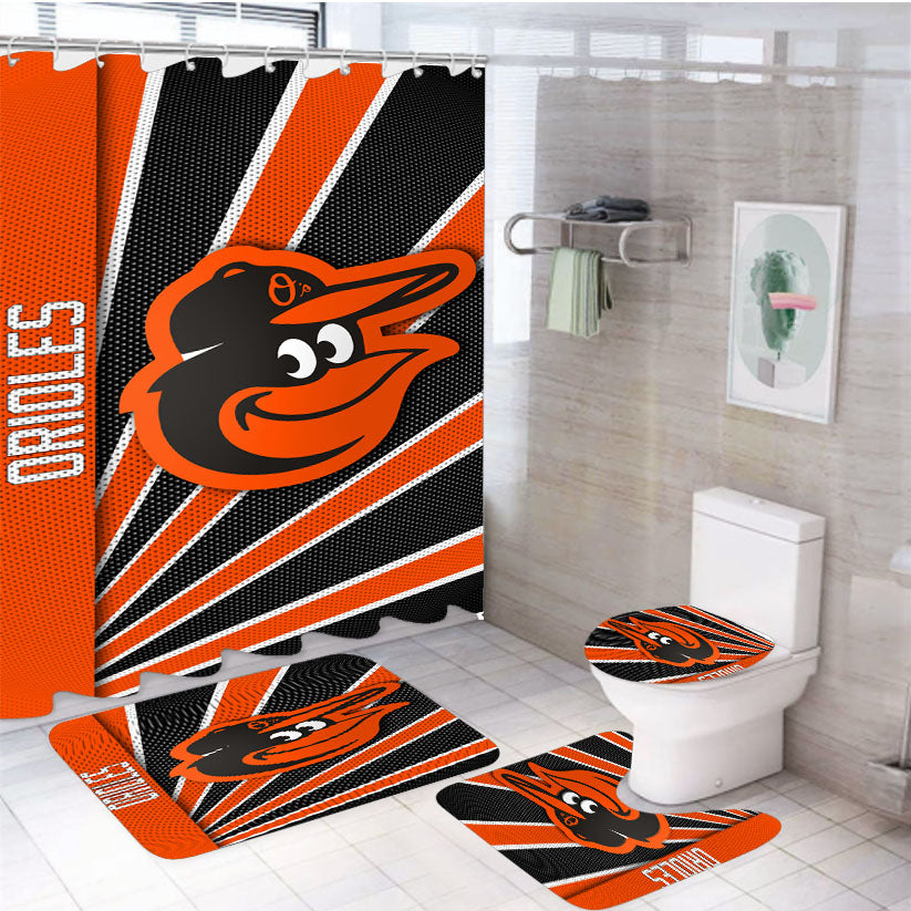 Baltimore Orioles Stripe Wallpaper 4Pcs Bathroom Set Shower Curtain