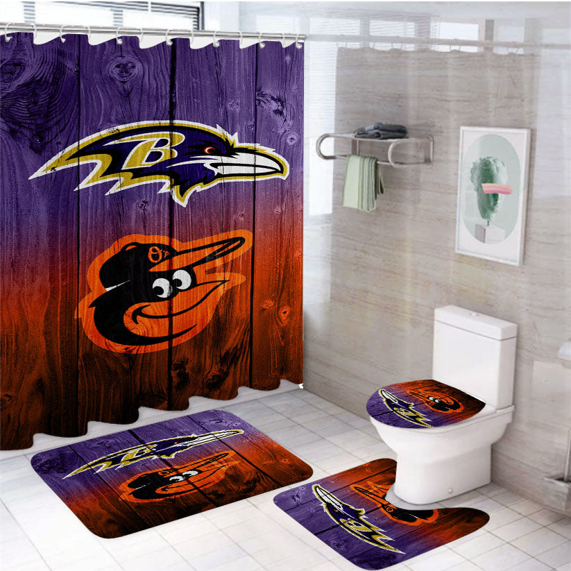 Baltimore Ravens Nfl Orioles Mlb Logo Dark Wood 4Pcs Bathroom Set Shower Curtain