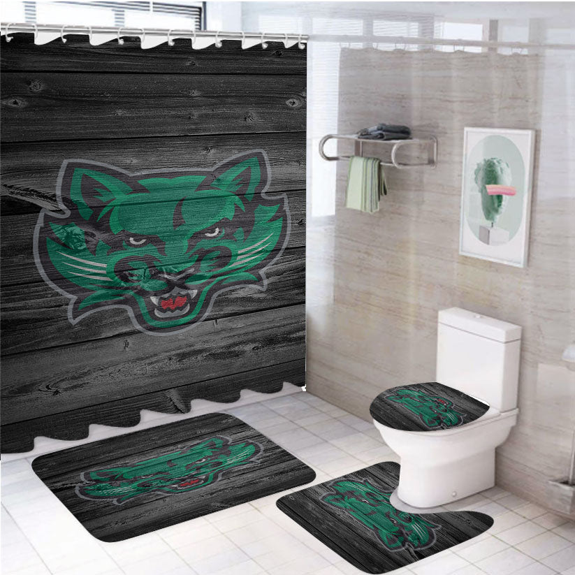 Binghamton Bearcat Nba Logo Dark Wood Wallpaper 4Pcs Bathroom Set Shower Curtain