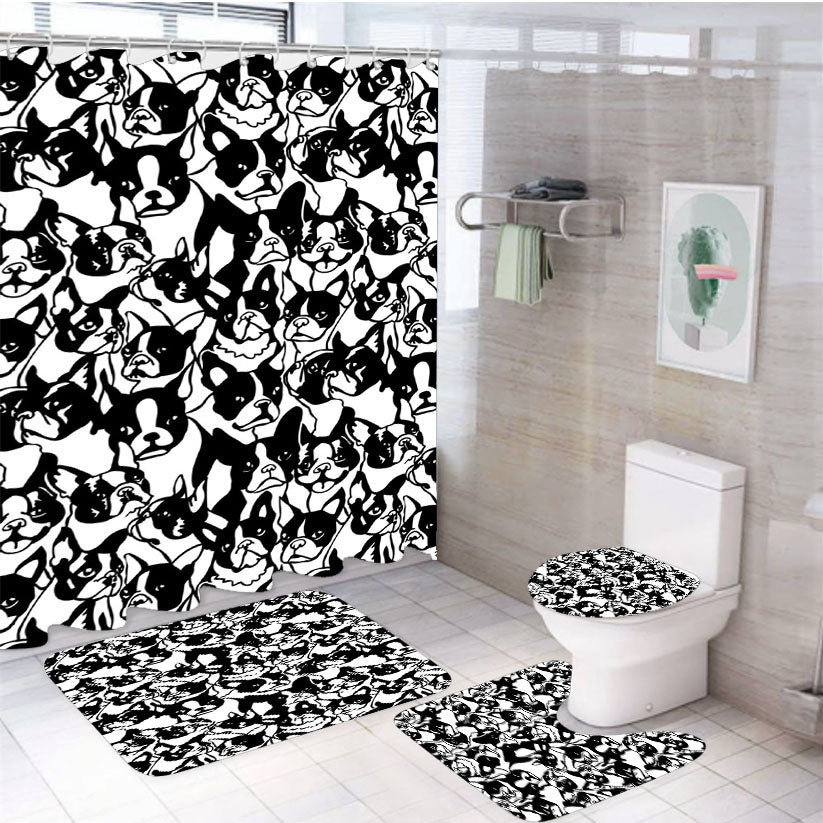 Black White Boston Terrier Pattern 4Pcs Bathroom Set Shower Curtain