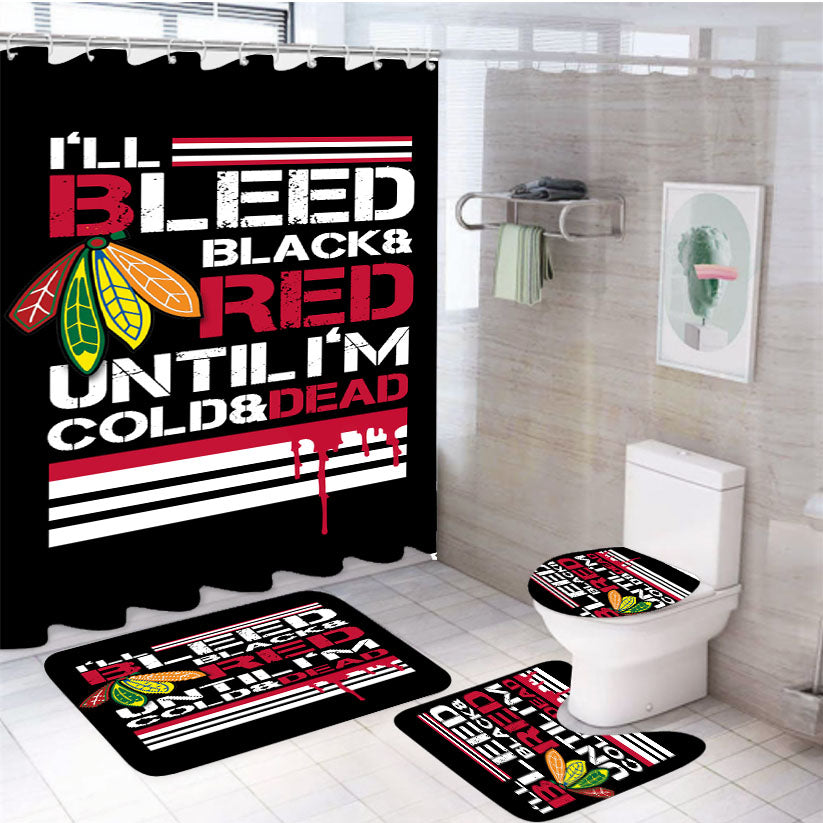Bleed Black And Red Chicago Blackhawks 4Pcs Bathroom Set Shower Curtain