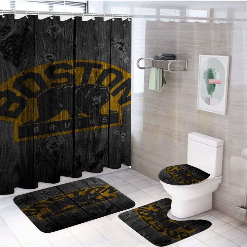 Boston Bruins Logo Dark Wood Wallpaper 4Pcs Bathroom Set Shower Curtain