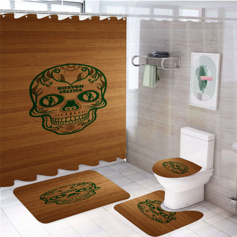 Boston Celtics Sugar Skull Wooden Wallpapers 4Pcs Bathroom Set Shower Curtain