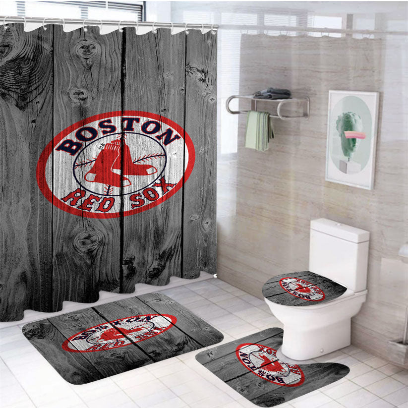 Boston Red Sox Logo Dark Wood Wallpaper 4Pcs Bathroom Set Shower Curtain